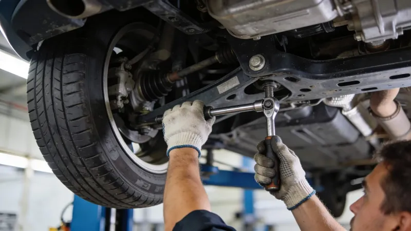 Mechanik kontroluje podvozek auta v servisu