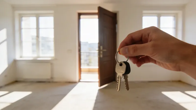 Klíče od bytu před otevřenými dveřmi do prázdného bytu