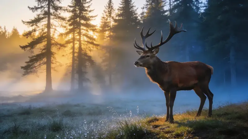 Jelen na okraji lesa při svítání