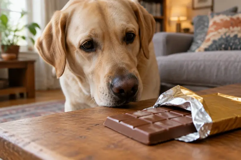 Labrador očichává otevřenou tabulku čokolády na konferenčním stolku