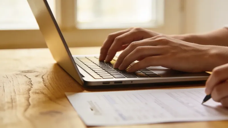 Osoba vyplňuje na notebooku formulář na založení živnosti