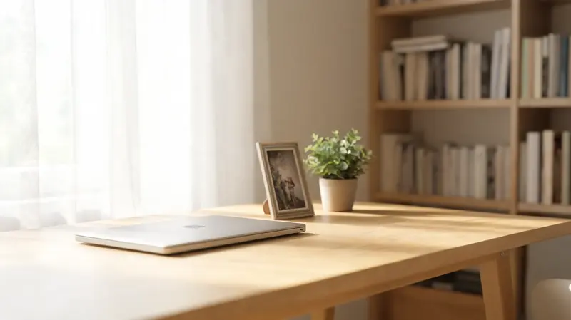 Zavřený notebook a rámeček s fotografií na stole v tichém domácím bytě.