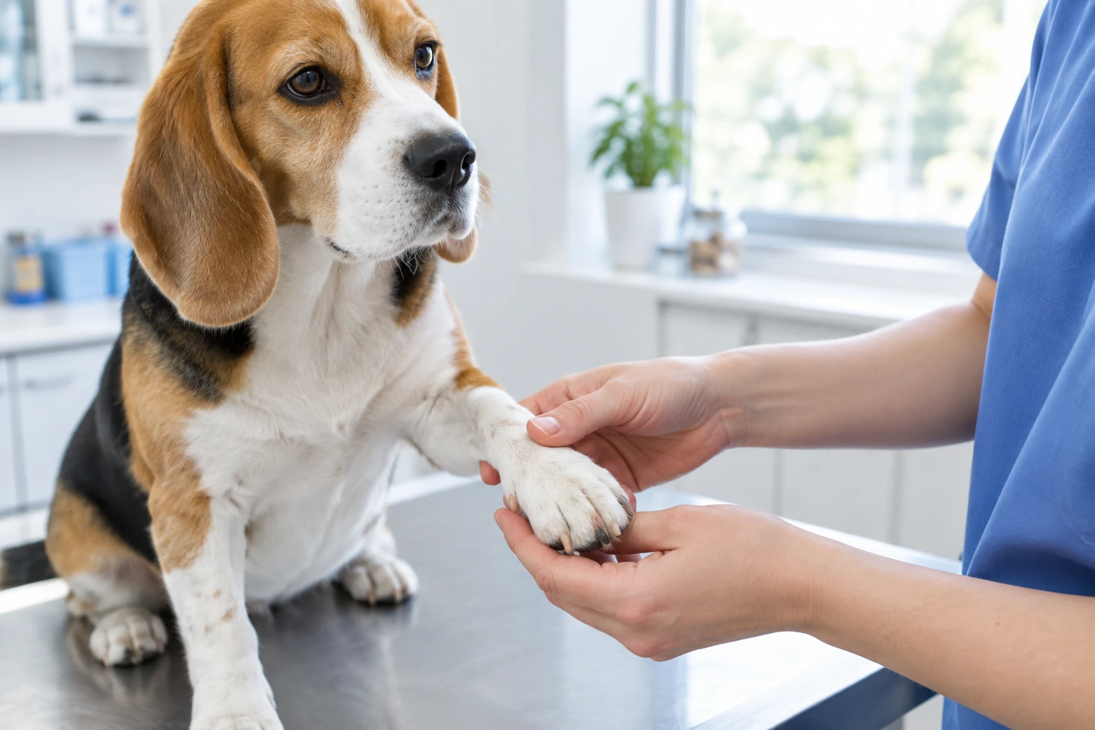 Veterinářka drží tlapku bígla při vyšetření po otravě čokoládou