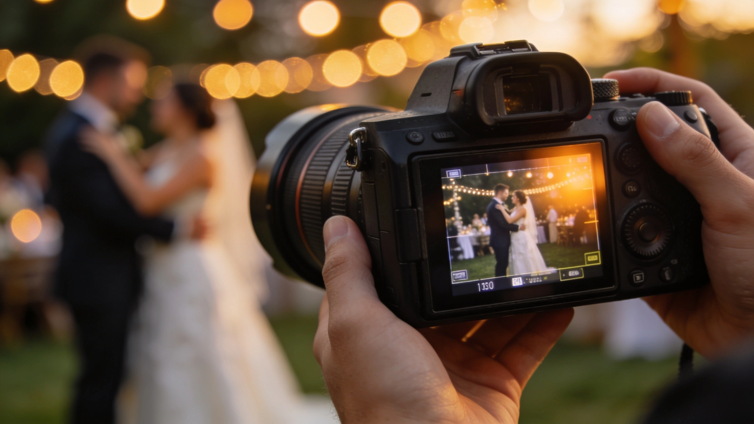 Svatební fotograf s profesionálním fotoaparátem a teleobjektivem fotí novomanžele při západu slunce